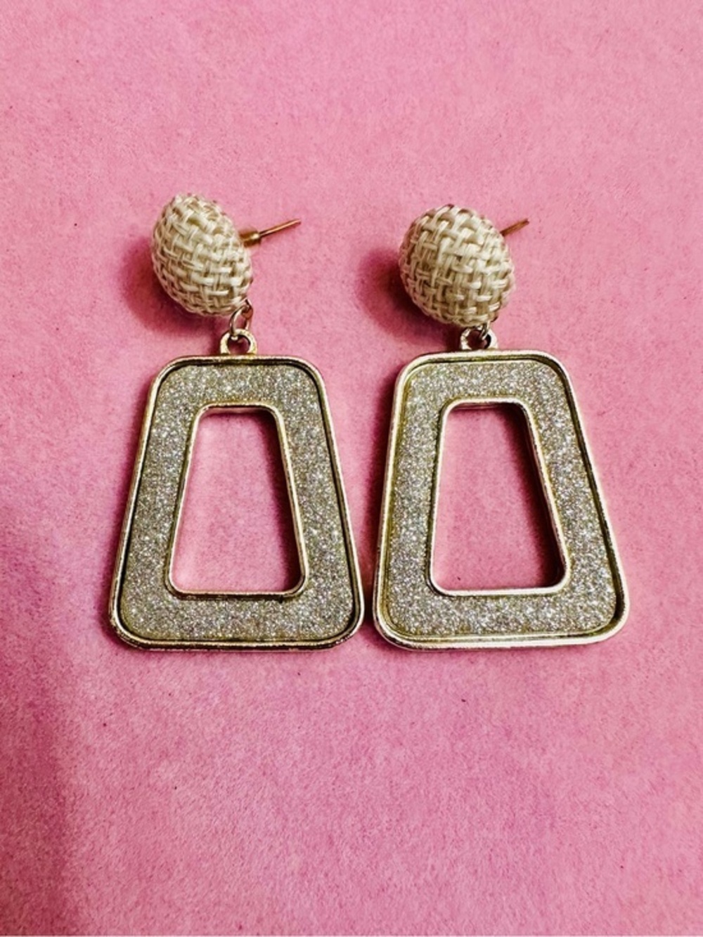 Champagne Glitter Geometric Drop Earrings Raffia Studs